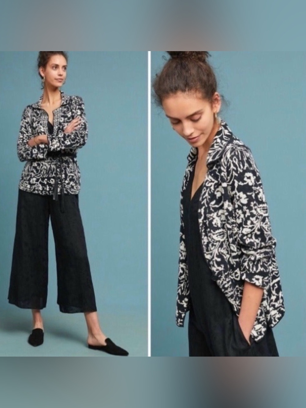 Anthropologie Reversible Black and White Floral Open Cardigan
